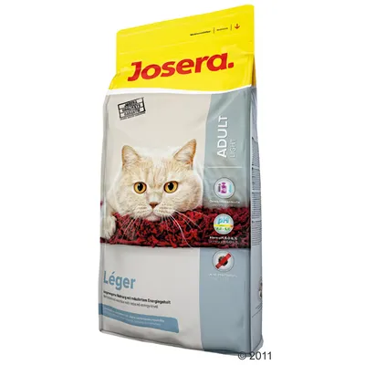 Sac de croquettes Josera Adult Light Léger pour chat, mentions : contrôle du poids, pH urinaire 6,0–6,5, anti-boules de poils. Image d’un chat crème sur le paquet.