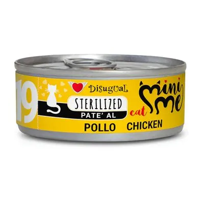 Blik Disugual Mini Me Sterilized Paté Al Cat, kip (pollo chicken), gele verpakking met zwarte en rode tekst, afbeelding van kat zichtbaar.