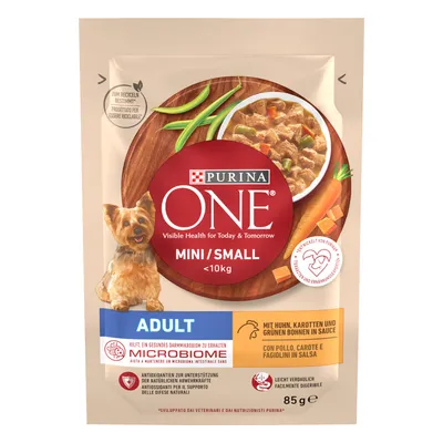 Purina ONE Mini/Small <10kg Adult mit Huhn, Karotten und grünen Bohnen in Sauce. Unterstützt gesundes Darmmikrobiom. Verpackung 85g, leicht verdaulich, entwickelt von Purina.