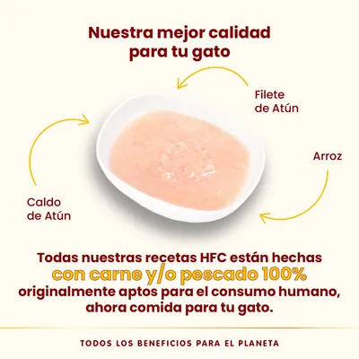 Comida húmeda para gatos con filete de atún, arroz y caldo de atún. Texto: recetas HFC hechas con carne y/o pescado 100% aptos para consumo humano, ahora comida para tu gato.