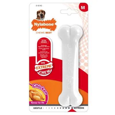 Nylabone Chews Best Extreme Chew M, extra odolná kost pro psy, příchuť Chicken, vhodné pro 0–16 kg. Text: Dog Extreme Chew, flavour for life, gentle – extreme.