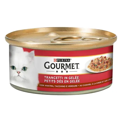 Purina Gourmet comida para gatos en gelatina, con pato, pavo y verduras. Lata con etiqueta roja, imagen de un gato blanco y comida servida.