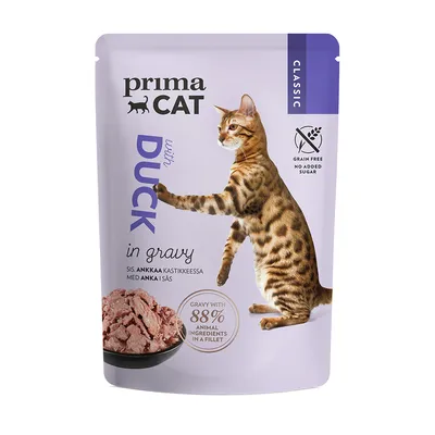 Prima Cat Classic z kaczką w sosie, bez zbóż, bez dodatku cukru. Zawiera 88% składników pochodzenia zwierzęcego w filecie.