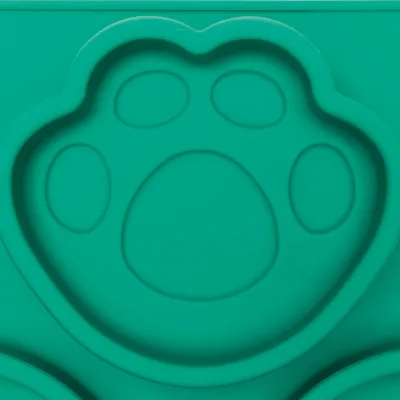 Grüne Silikonmatte mit Pfotenabdruck-Design, geeignet für die Verteilung von Futter oder Snacks.