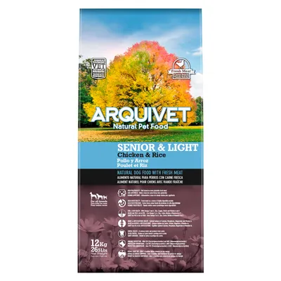 Arquivet Natural Pet Food Senior & Light Chicken & Rice, 12kg. Pro všechna plemena, s čerstvým masem. Přírodní ingredience, vhodné pro starší psy.