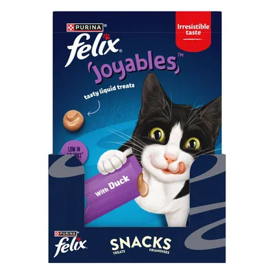 Felix Joyables tasty liquid treats with duck, low in calories, irresistible taste, shown as snacks for pets.