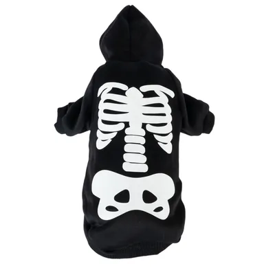 Schwarzer Hundepullover mit weißem Skelett-Aufdruck und Kapuze, geeignet für Halloween oder besondere Anlässe.