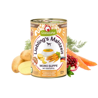 GranataPet Liebling's Mahlzeit Moro Suppe mit Kartoffel, unterstützt einen ausgewogenen Magen-Darm-Trakt, 375g netto. Zutaten: Karotten, Kartoffeln, Granatapfel.