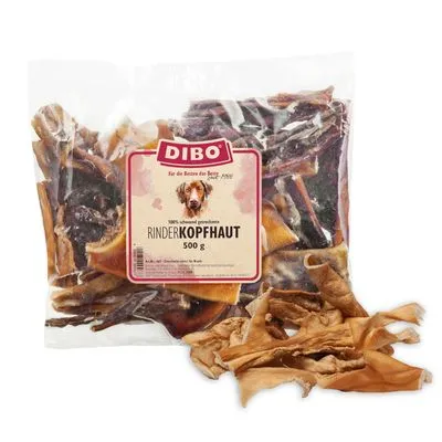 DIBO Rinderkopfhaut 500 g, transparante zak met runderkophuid. Tekst op verpakking: 100% schoon gedroogde RINDERKOPFHAUT 500 g.