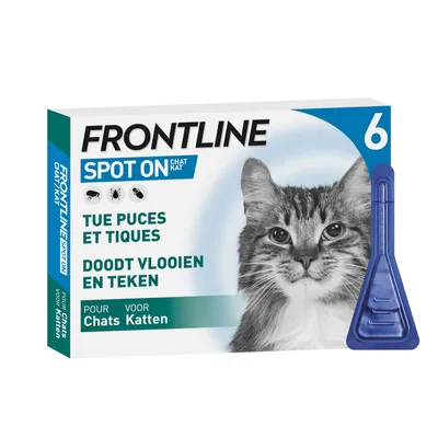 FRONTLINE Spot On Chat, tue puces et tiques, pour chats, boîte de 6 pipettes visibles, texte en français et néerlandais sur l’emballage. FRONTLINE Spot On Chat, tue puces et tiques, pour chats, boîte de 6 pipettes visibles, texte en français et néerlandais sur l’emballage.