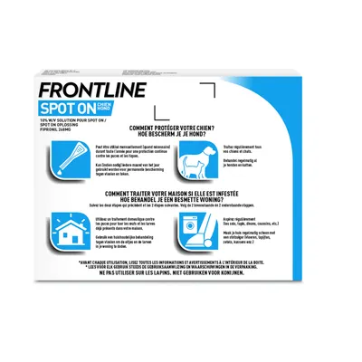 Frontline Spot On pour chiens, instructions d'utilisation contre les puces et les tiques. Conseils pour traiter les animaux et l'environnement. Non adapté aux lapins.