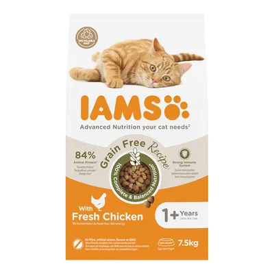 IAMS Katzenfutter, Grain Free Rezept mit frischem Huhn, 84% tierisches Protein, starkes Immunsystem, für Katzen ab 1 Jahr, 7.5kg, recycelbare Verpackung.
