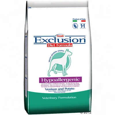 Dorado Exclusion Diet Formula Hypoallergenic Venison and Potato, torrfoder för hund. Text: Mono protein source, Veterinary Formulation, Product of Italy, Grain Free.