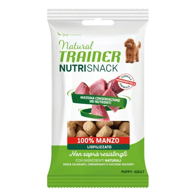 Natural Trainer Nutrisnack, 100% beef, freeze-dried. With natural ingredients, no colourants, preservatives or added sugar. For puppies and adults.