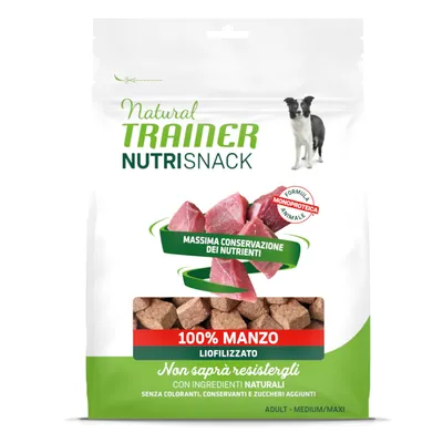 Natural Trainer Nutrisnack, 100% manzo lyophilisé, formule monoprotéique, conservation des nutriments, sans colorants, conservateurs ni sucres ajoutés. Pour chien adulte medium/maxi.