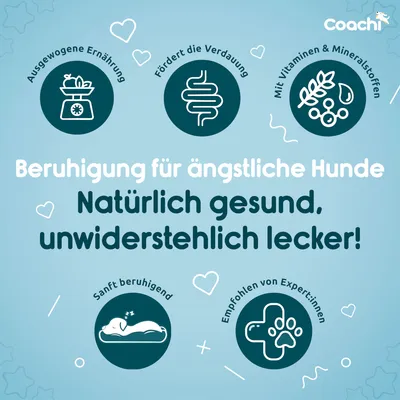 Beruhigung für ängstliche Hunde. Natürlich gesund, unwiderstehlich lecker! Ausgewogene Ernährung, fördert die Verdauung, mit Vitaminen & Mineralstoffen, sanft beruhigend, empfohlen von Expert:innen.