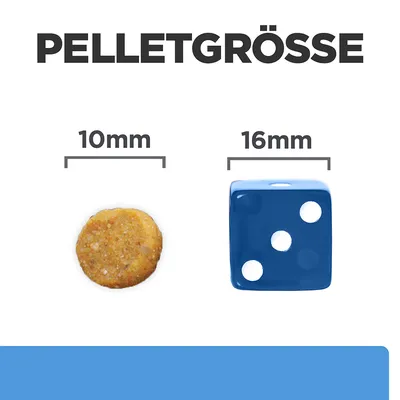 Pelletgrösse dargestellt: 10mm Pellet neben einem Würfel mit 16mm Kantenlänge.