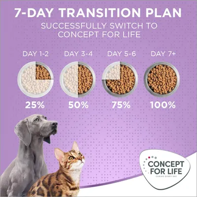 7-day transition plan: day 1-2 use 25%, day 3-4 use 50%, day 5-6 use 75%, day 7+ use 100% Concept for Life food. Shows gradual switch to new food.