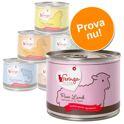 Flera burkar Feringa våtfoder med synliga smaker: Pure Lamb, Pure Chicken, Pure Duck, Pure Salmon. Stor orange cirkel med texten 'Prova nu!'. Text på engelska: human-grade ingredients.