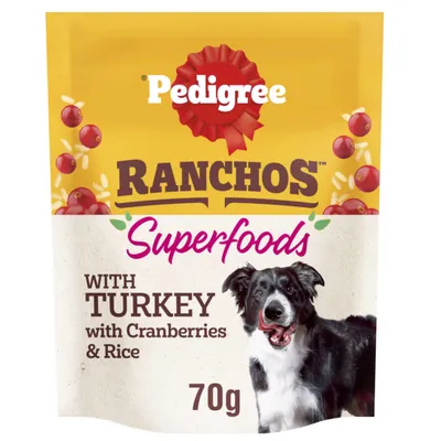 Rancho Superfoods with turkey, cranberries and rice, 70g pack. Image shows product name, ingredients and weight.