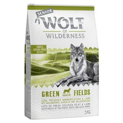 Wolf of Wilderness Senior Green Fields, 5 kg. 100 % viljaton resepti tuoreella kananlihalla ja lampaanlihalla, metsämarjoilla, juurilla ja villiyrteillä.
