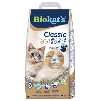 Biokat's Classic 3in1 άμμος για γάτες, Hygiene Formula με Wohlfühl-Signal. Ιδιότητες: μεγαλύτερη απόδοση, συμπαγείς σβώλοι, γρήγορη δέσμευση οσμών. CO2-φιλικό, Made in Germany.
