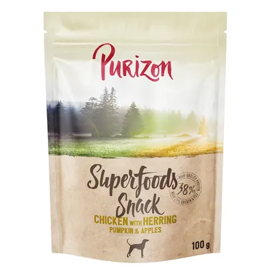 Purizon Superfoods Snack, chicken with herring, pumpkin & apples, 38% high-quality protein, 100 g pack.