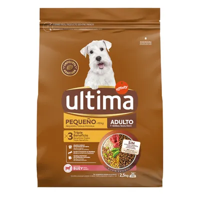 Sac de croquettes Ultima affinity pour chien adulte petite taille <10 kg, 1–8 ans, saveur bœuf, 2,5 kg. Texte visible : triple bénéfice, sans colorants ni conservateurs ajoutés.