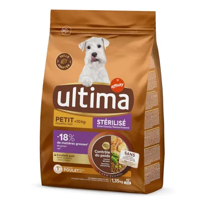 Ultima cibo secco per cani sterilizzati di piccola taglia sotto 10 kg, con pollo, -18% di grassi, controllo del peso, senza coloranti artificiali, confezione da 1,35 kg.