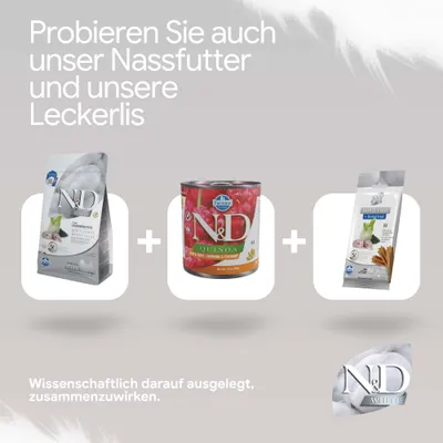 N&D White Coat Trockenfutter, N&D Quinoa Nassfutter und N&D White Coat Dental Treats. Wissenschaftlich darauf ausgelegt, zusammenzuwirken. N&D White Coat Trockenfutter, N&D Quinoa Nassfutter und N&D White Coat Dental Treats. Wissenschaftlich darauf ausgelegt, zusammenzuwirken.