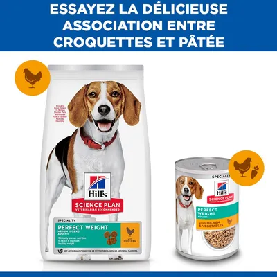 Hill's Science Plan Perfect Weight Adulte, aliments secs et humides au poulet et aux légumes. Recommandation : combinaison de croquettes et de pâté.