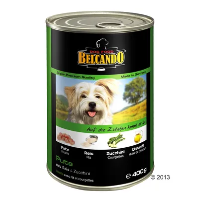 Boîte de nourriture pour chien Belcando, 400 g, saveur volaille avec riz et courgettes. Ingrédients visibles : viande de dinde, riz, courgettes, huile de chardon. Texte en allemand et français.