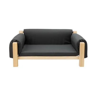 Holzrahmen-Sofa mit dunkelgrauem Stoffbezug, rechteckige Form und gepolsterte Seitenlehnen.