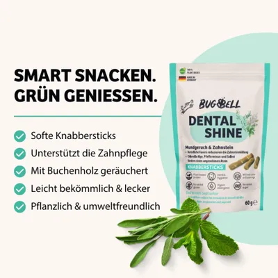 BUGBELL DENTAL SHINE Knabbersticks, unterstützt Zahnpflege, mit Buchenholz geräuchert, pflanzlich und umweltfreundlich. Mundgeruch & Zahnstein, 60g. BUGBELL DENTAL SHINE Knabbersticks, unterstützt Zahnpflege, mit Buchenholz geräuchert, pflanzlich und umweltfreundlich. Mundgeruch & Zahnstein, 60g.