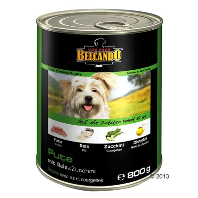 Boîte Belcando Dog Food 800 g, Pute mit Reis & Zucchini, ingrédients visibles : dinde, riz, courgettes, huile de chardon. Texte en allemand et français sur l’étiquette.