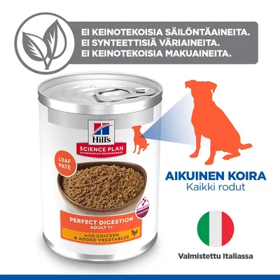 Hill's Science Plan Perfect Digestion Adult 1+ kanaa ja vihanneksia, ilman keinotekoisia säilöntäaineita, väriaineita tai aromeja. Aikuisille koirille. Valmistettu Italiassa. Hill's Science Plan Perfect Digestion Adult 1+ kanaa ja vihanneksia, ilman keinotekoisia säilöntäaineita, väriaineita tai aromeja. Aikuisille koirille. Valmistettu Italiassa.