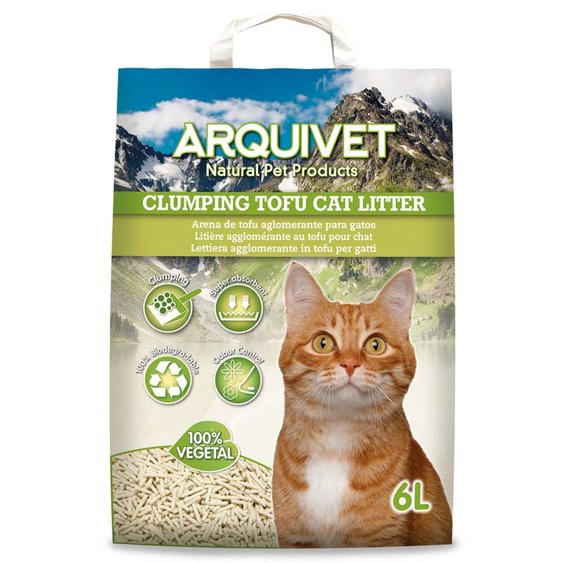 Arquivet Clumping Tofu Cat Litter, 6L. Eigenschaften: klumpend, super absorbierend, geruchskontrollierend, 100% biologisch abbaubar, 100% pflanzlich.