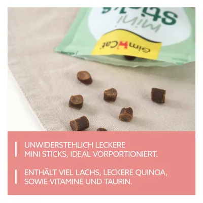 Onweerstaanbaar lekkere Mini Sticks, ideaal voorgeportioneerd. Bevat veel zalm, smakelijke quinoa, vitamines en taurine.
