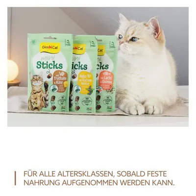 GimCat Mini Sticks in drie varianten: kalkoen & kaas, kip met kattenkruid, zalm & quinoa. Voor alle leeftijden zodra vast voedsel gegeten kan worden.