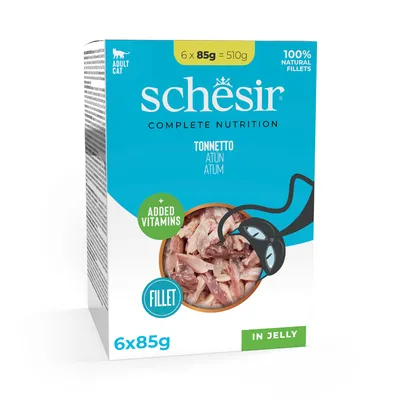 Schesir Complete Nutrition за възрастни котки, филе от риба тон в желе, 6x85g, с допълнителни витамини, 100% натурални филета.