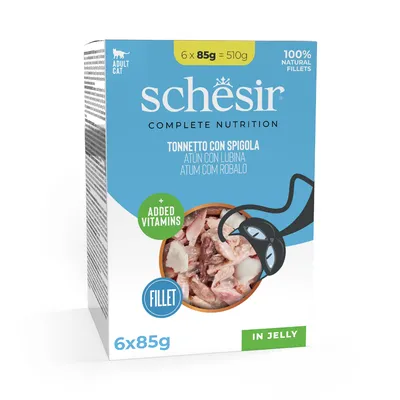 Schesir Complete Nutrition, риба тон с лаврак, 6x85g, 100% натурални филета, с добавени витамини, в желе. За възрастни котки.
