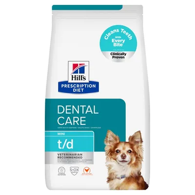 Hill's Prescription Diet Dental Care Mini t/d, puhdistaa hampaat jokaisella puraisulla, kliinisesti todistettu, eläinlääkärien suosittelema, kananlihalla, S+OX Shield. Hill's Prescription Diet Dental Care Mini t/d, puhdistaa hampaat jokaisella puraisulla, kliinisesti todistettu, eläinlääkärien suosittelema, kananlihalla, S+OX Shield.