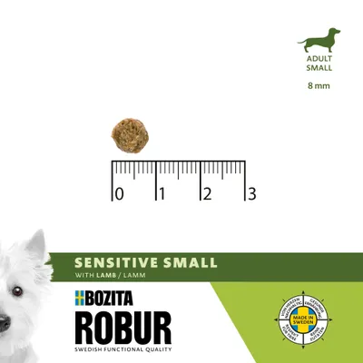 Bozita Robur Sensitive Small met lam, brokgrootte 8 mm, schaal toont diameter, Made in Sweden, natuurlijke ingrediënten. Bozita Robur Sensitive Small met lam, brokgrootte 8 mm, schaal toont diameter, Made in Sweden, natuurlijke ingrediënten.