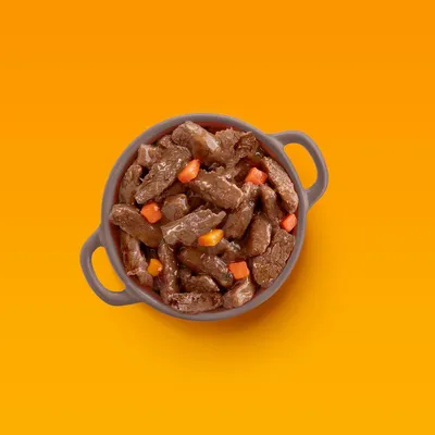 Schüssel mit saftigen Fleischstücken und Gemüsewürfeln, serviert auf orangefarbenem Hintergrund.