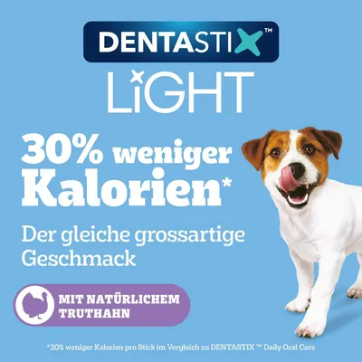 DENTASTIX Light, 30% weniger Kalorien, der gleiche grossartige Geschmack, mit natürlichem Truthahn.