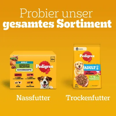 Pedigree Adult Nassfutter gemischte Selektion mit Saucenrezepte und Trockenfutter mit Rind und Gemüse. Text: Probier unser gesamtes Sortiment.