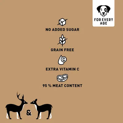 Texte en anglais : No added sugar, grain free, extra vitamin C, 95 % meat content, for every age. Illustrations de cerf, biche et chien. Texte non disponible ailleurs sur la page.