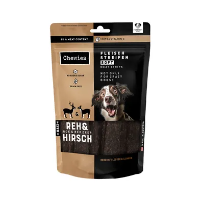Chewies Fleisch Streifen Soft Reh & Hirsch, 95 % viande, sans sucre ajouté, sans céréales, extra vitamine C, pour chiens. Texte en anglais et allemand visible sur l'emballage.