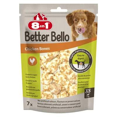 8in1 Better Bello Chicken Bones, lättsmält, utan konstgjorda färgämnen, aromer eller konserveringsmedel. XS-storlek för hundar under 5 kg. Förpackningen visar produkt och detaljer. 8in1 Better Bello Chicken Bones, lättsmält, utan konstgjorda färgämnen, aromer eller konserveringsmedel. XS-storlek för hundar under 5 kg. Förpackningen visar produkt och detaljer.
