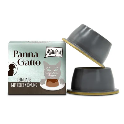 Mjamjam Panna Gatto Feine Pute mit edler Krönung. Verpackung und zwei geöffnete Schalen sichtbar.